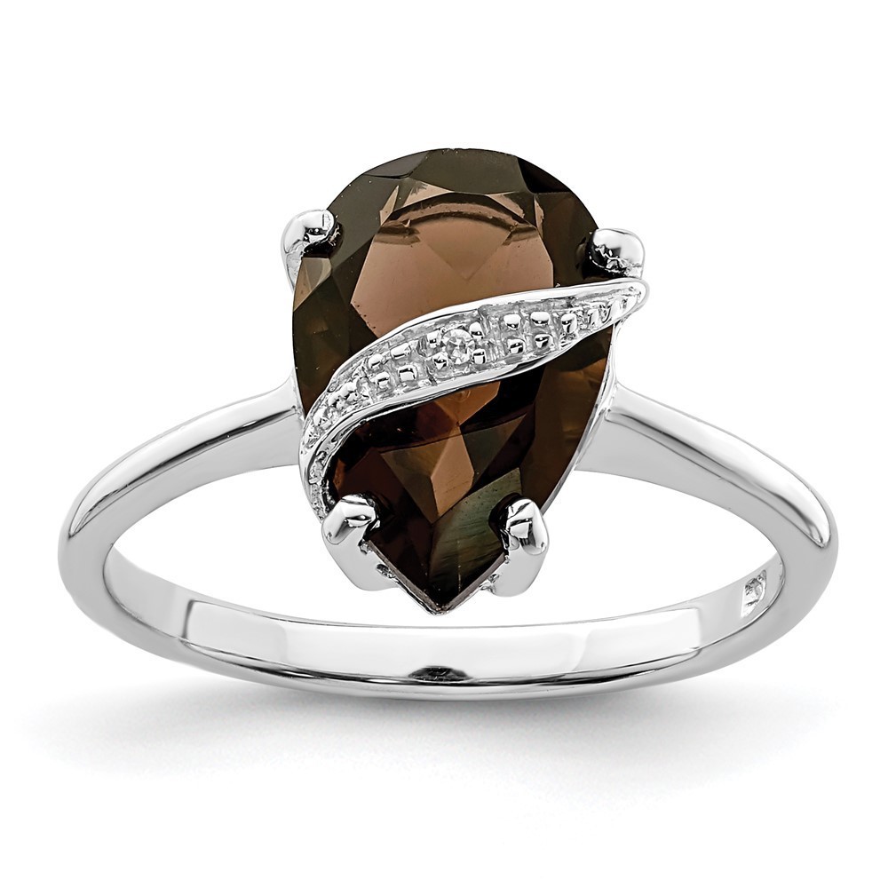 925 Sterling Silver Rhodium Pear Smoky Quartz & Diamond Ring
